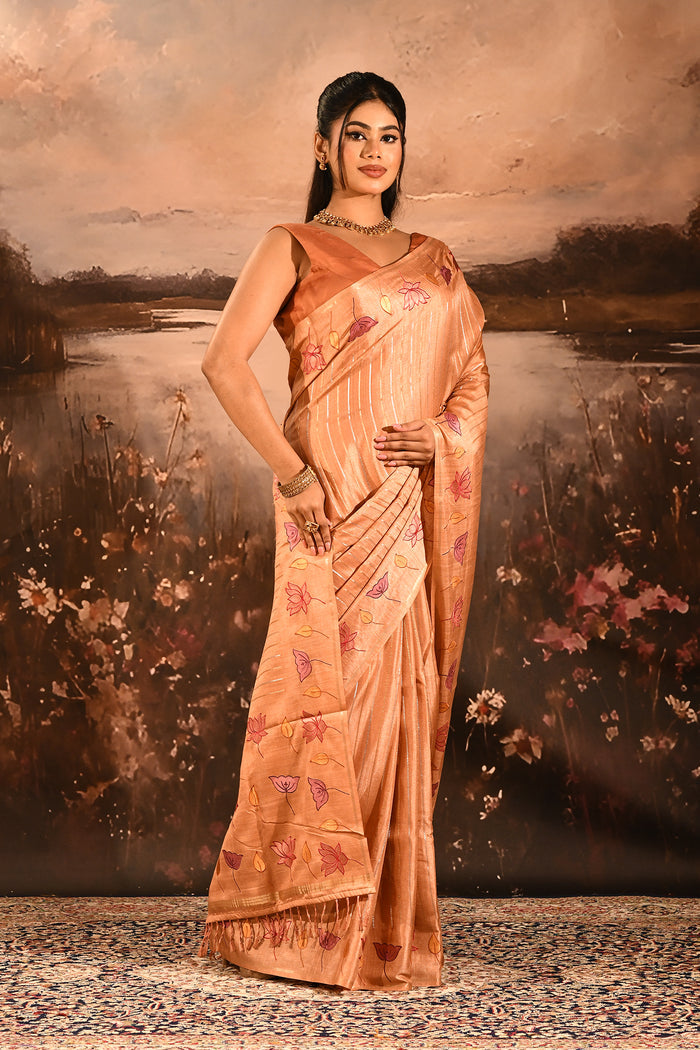 Peach With Embroidered Floral Design And Strips Embroidery Designer Saree