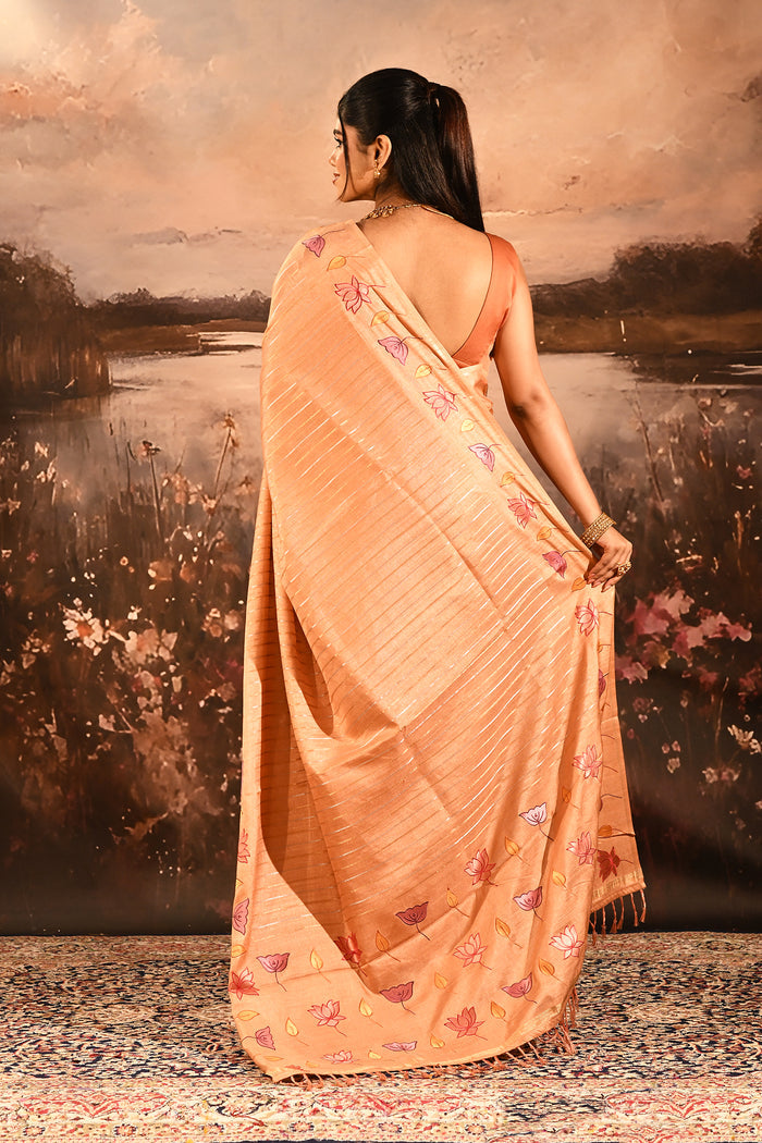 Peach With Embroidered Floral Design And Strips Embroidery Designer Saree