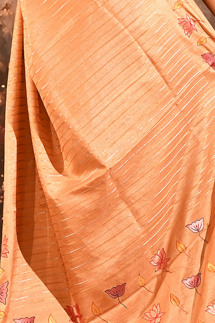 Peach With Embroidered Floral Design And Strips Embroidery Designer Saree