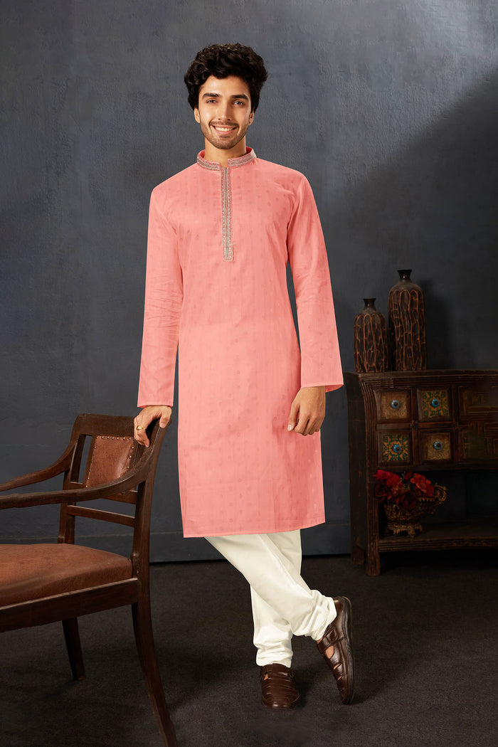 Peachy Pink Cotton Kurta Set With Embroidered Neck