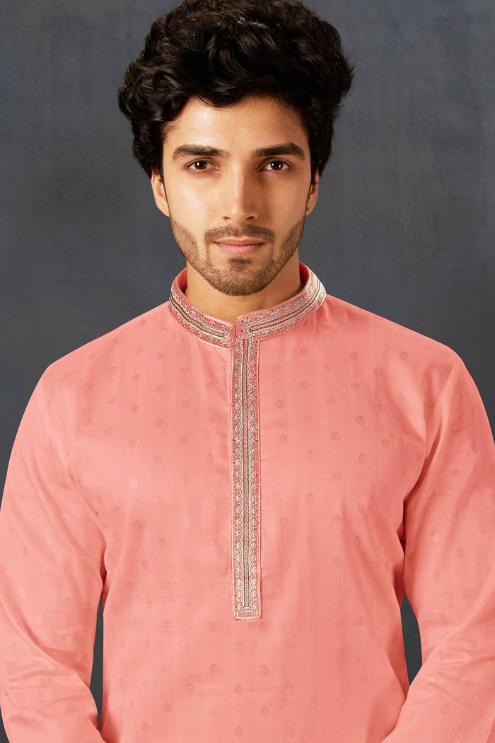 Peachy Pink Cotton Kurta Set With Embroidered Neck