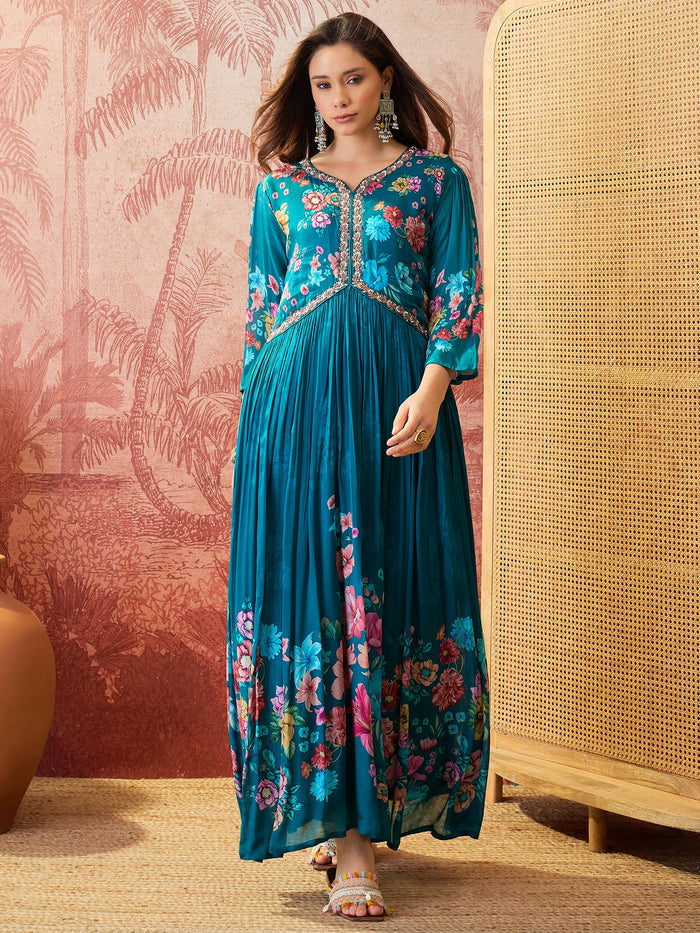 Peacock Blue Floral Crepe Set