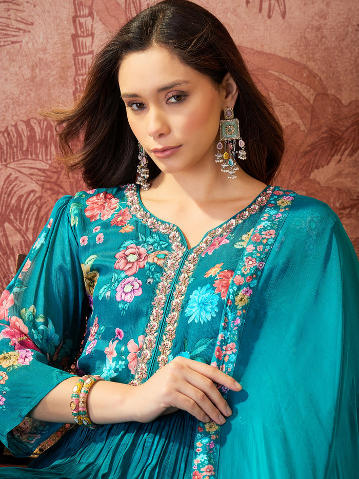 Peacock Blue Floral Crepe Set