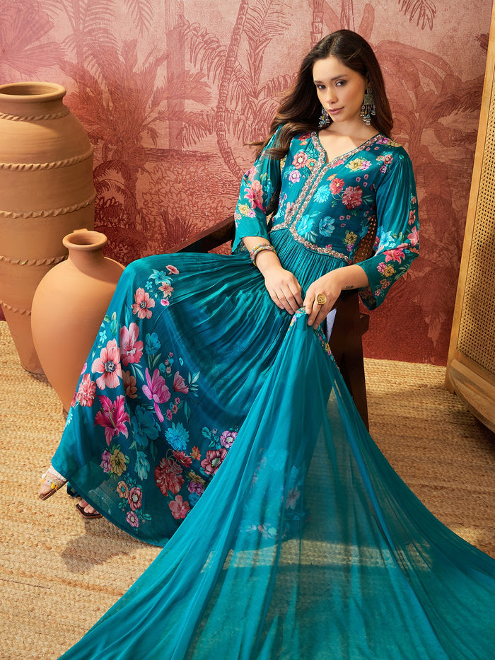 Peacock Blue Floral Crepe Set