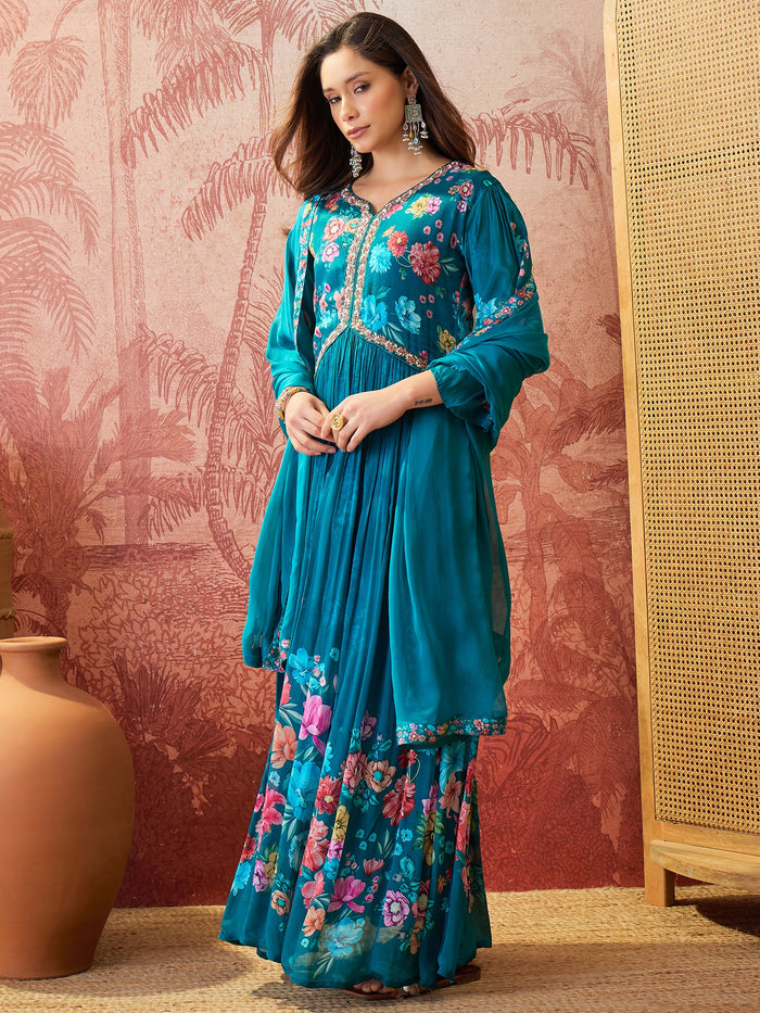 Peacock Blue Floral Crepe Set
