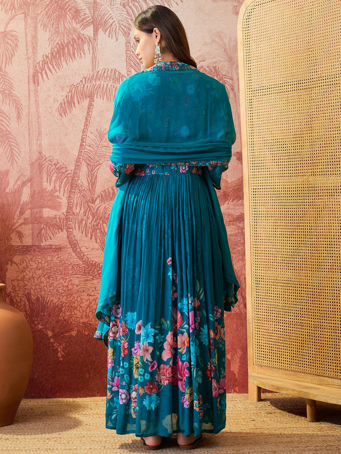 Peacock Blue Floral Crepe Set