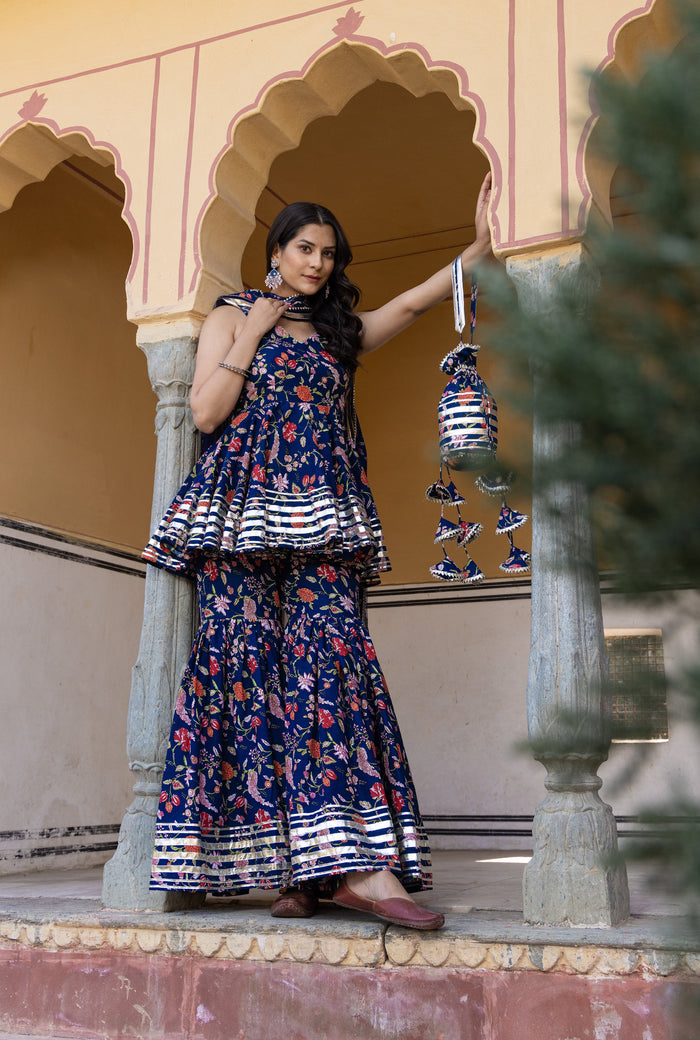 Peacock Blue Floral Printed Cape Co-Ord Indo Western Set