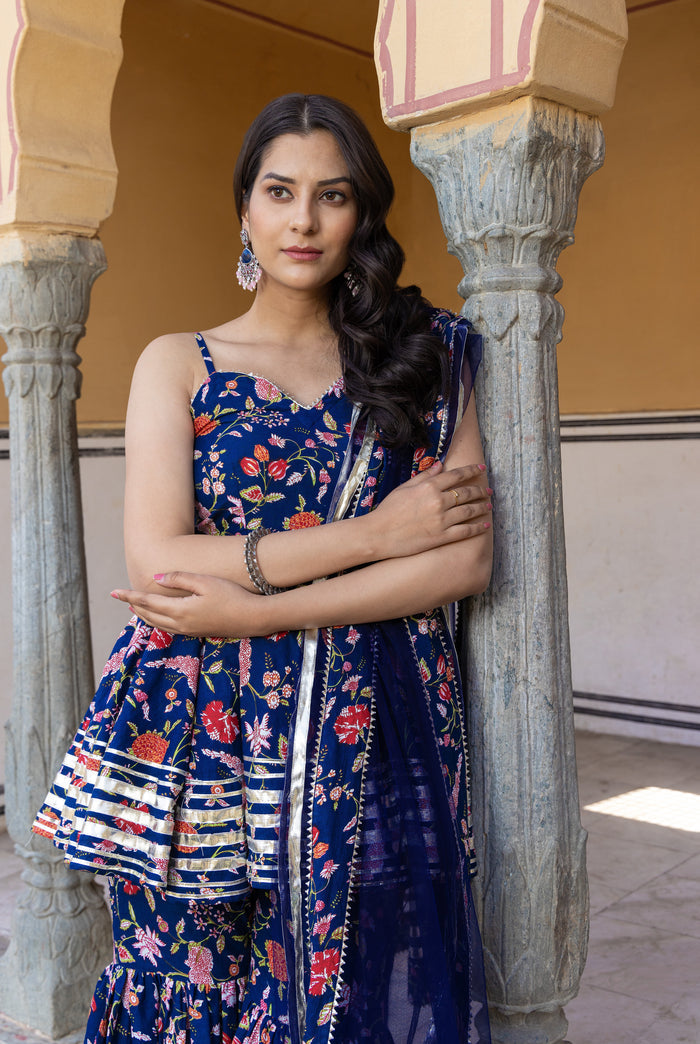 Peacock Blue Floral Printed Cape Co-Ord Indo Western Set