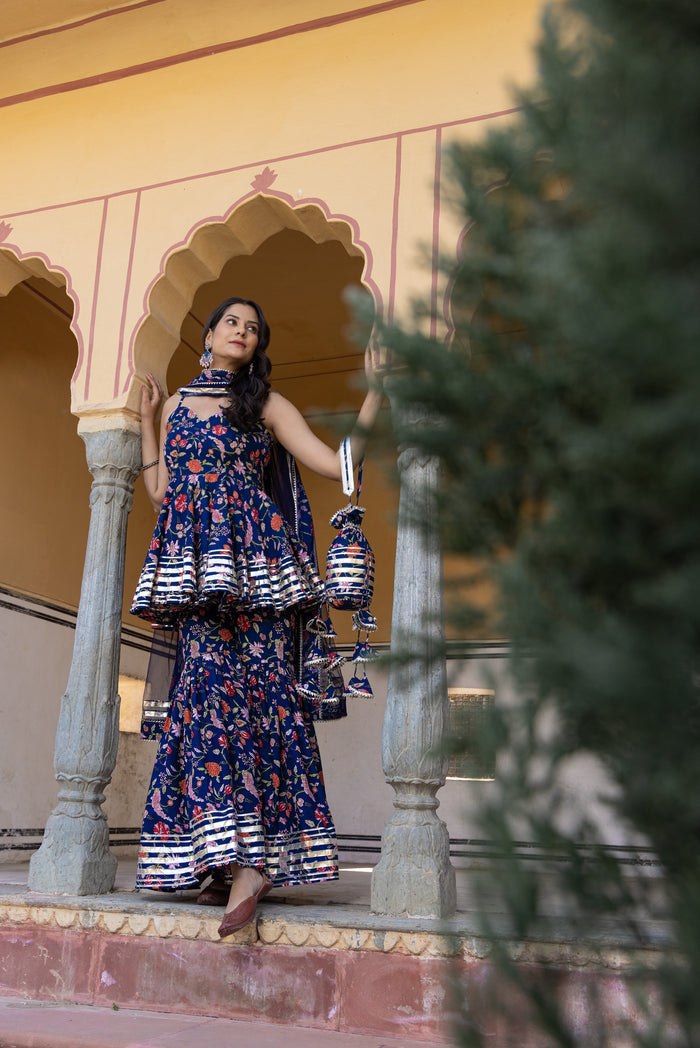 Peacock Blue Floral Printed Cape Co-Ord Indo Western Set
