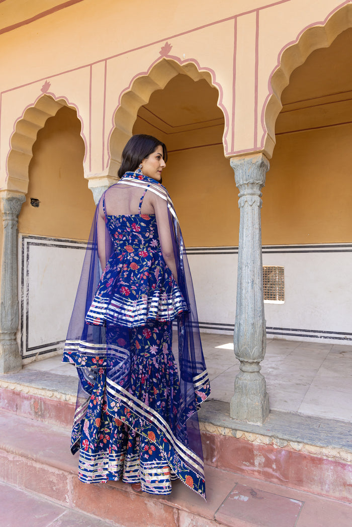Peacock Blue Floral Printed Cape Co-Ord Indo Western Set