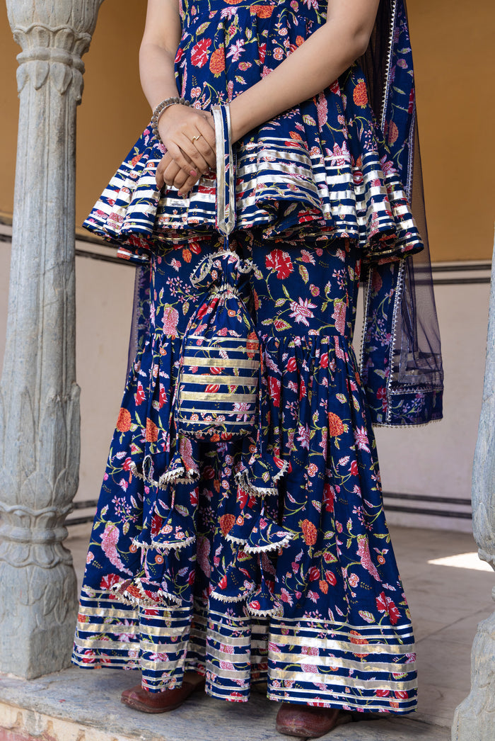 Peacock Blue Floral Printed Cape Co-Ord Indo Western Set