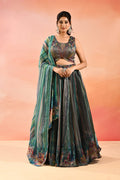 Peacock Blue Floral Printed Organza Tissue Lehenga