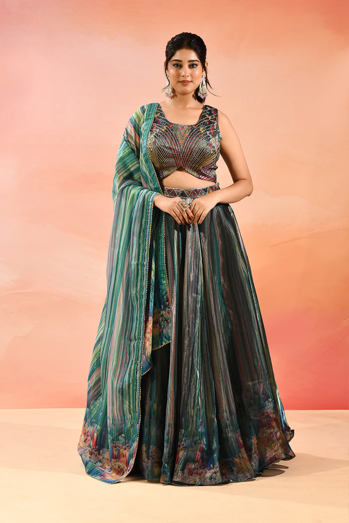 Peacock Blue Floral Printed Organza Tissue Lehenga