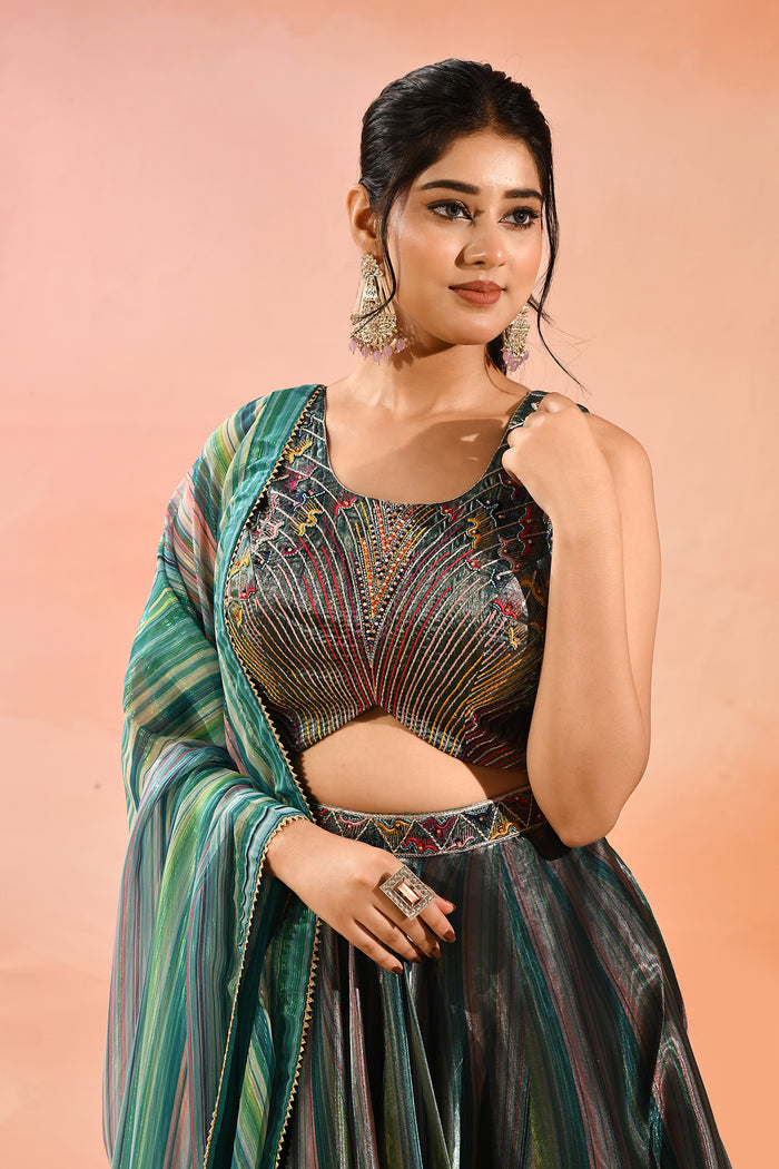 Peacock Blue Floral Printed Organza Tissue Lehenga