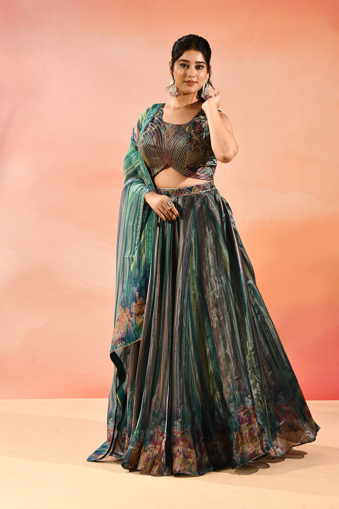Peacock Blue Floral Printed Organza Tissue Lehenga