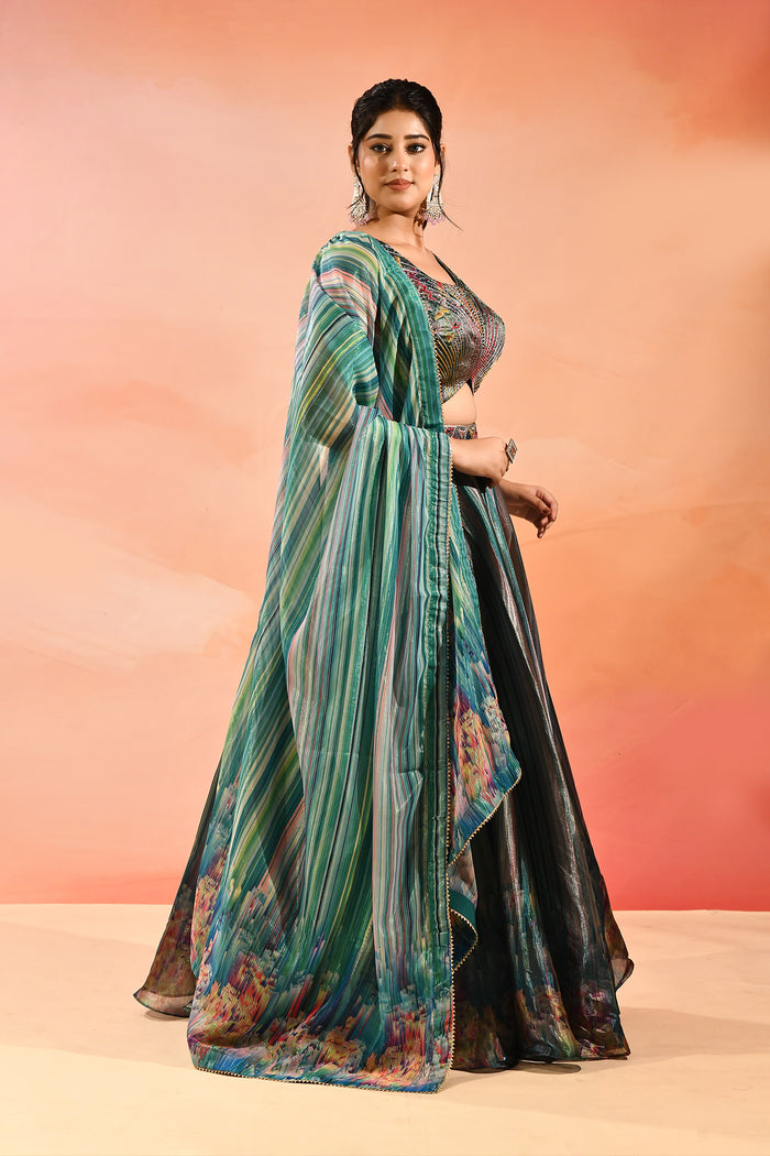 Peacock Blue Floral Printed Organza Tissue Lehenga