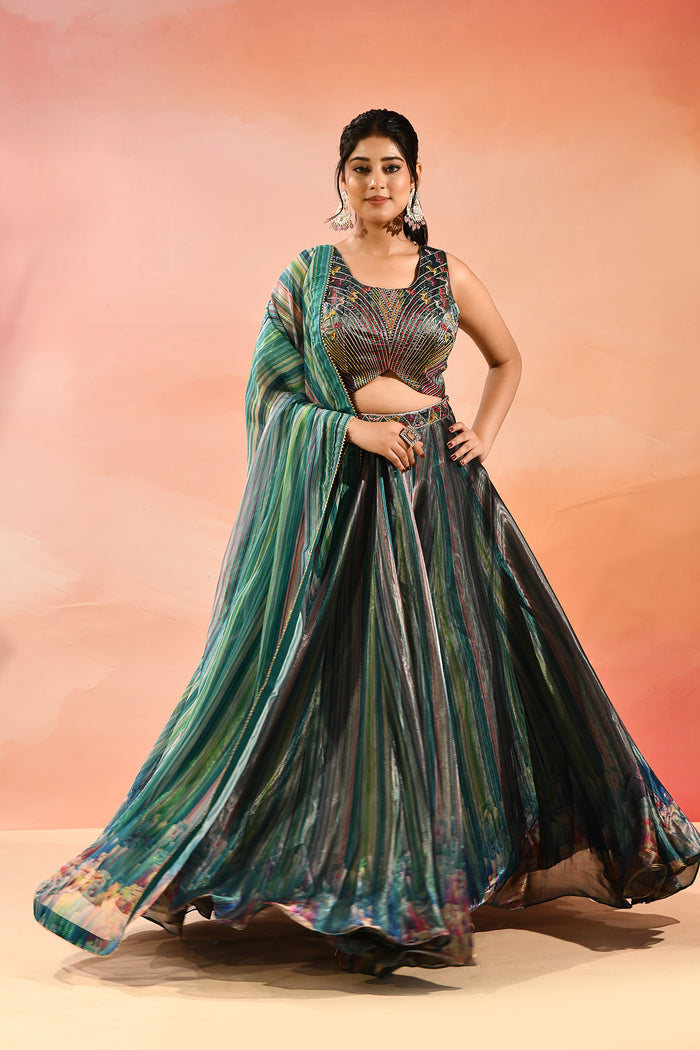 Peacock Blue Floral Printed Organza Tissue Lehenga