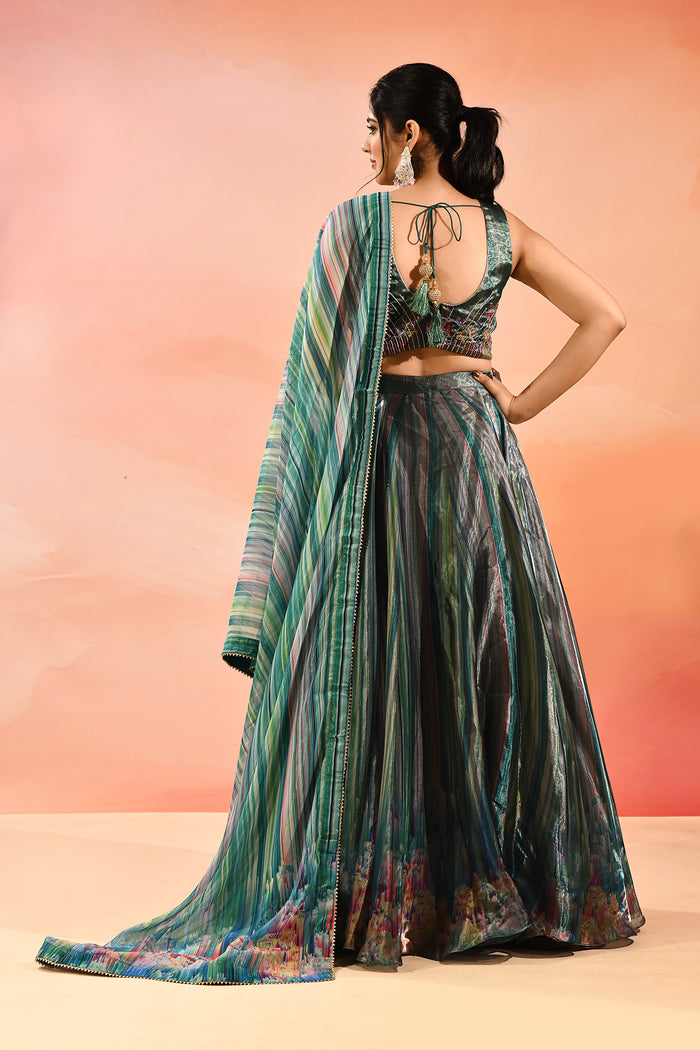 Peacock Blue Floral Printed Organza Tissue Lehenga