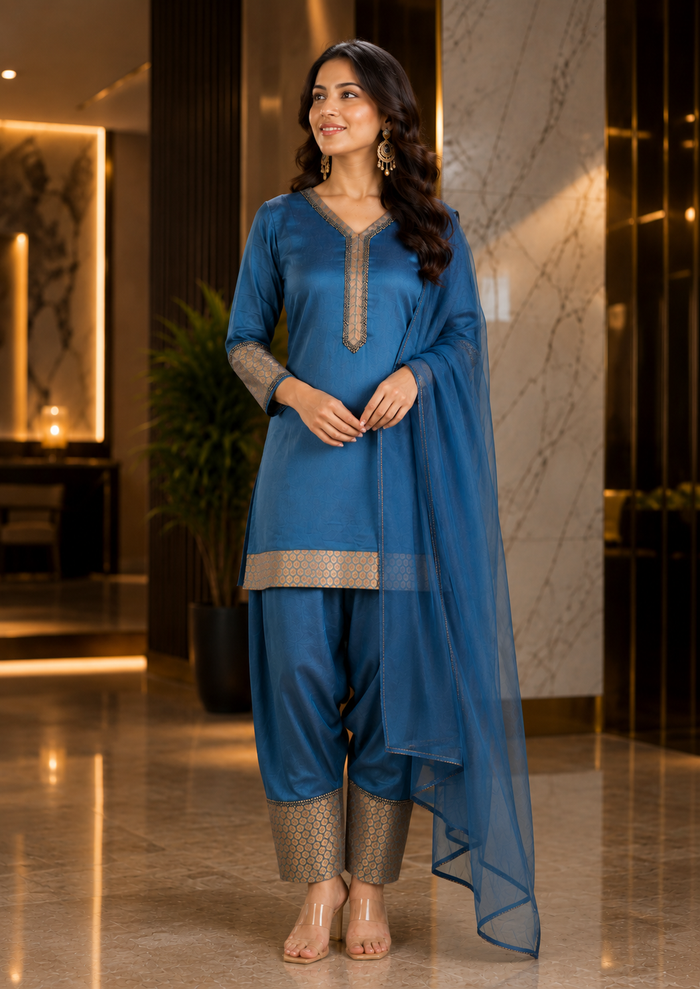 Peacock Blue Organza Kurti With Brocade Border