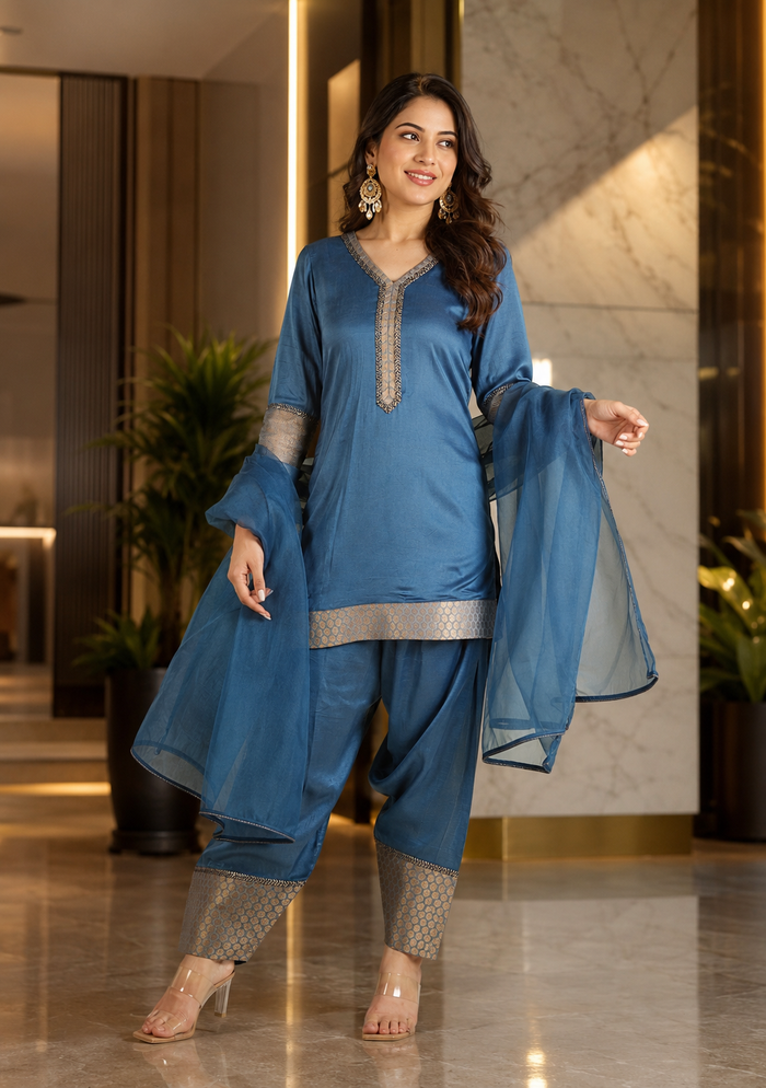 Peacock Blue Organza Kurti With Brocade Border