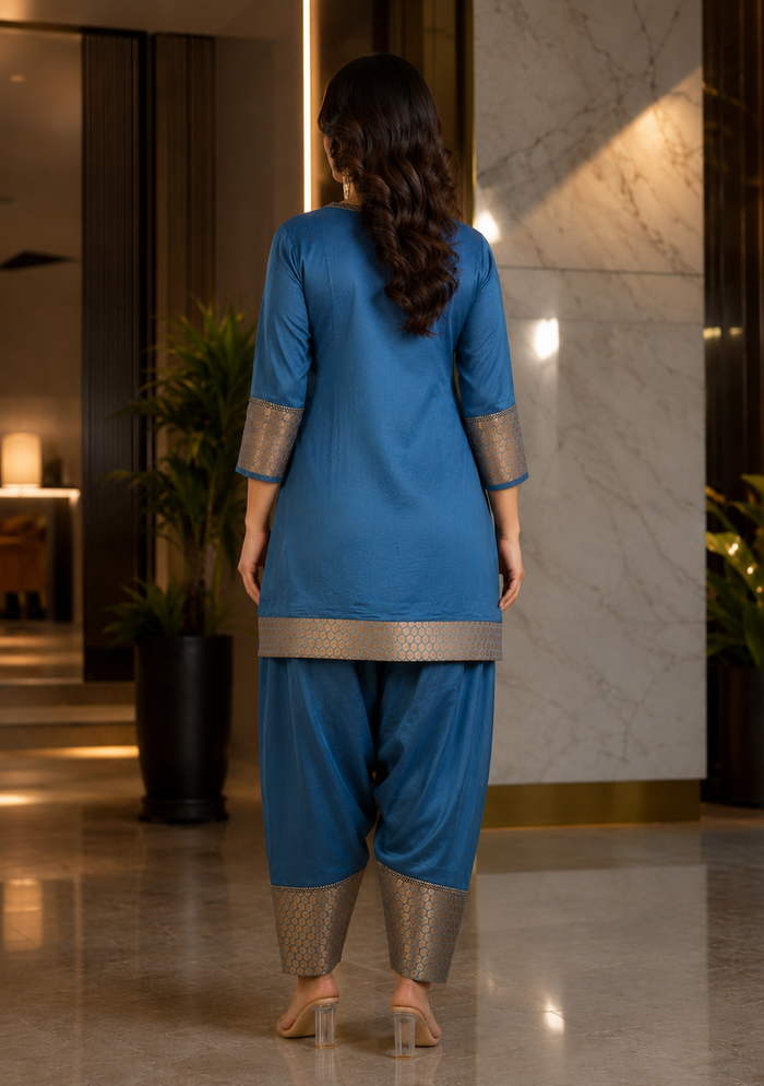 Peacock Blue Organza Kurti With Brocade Border