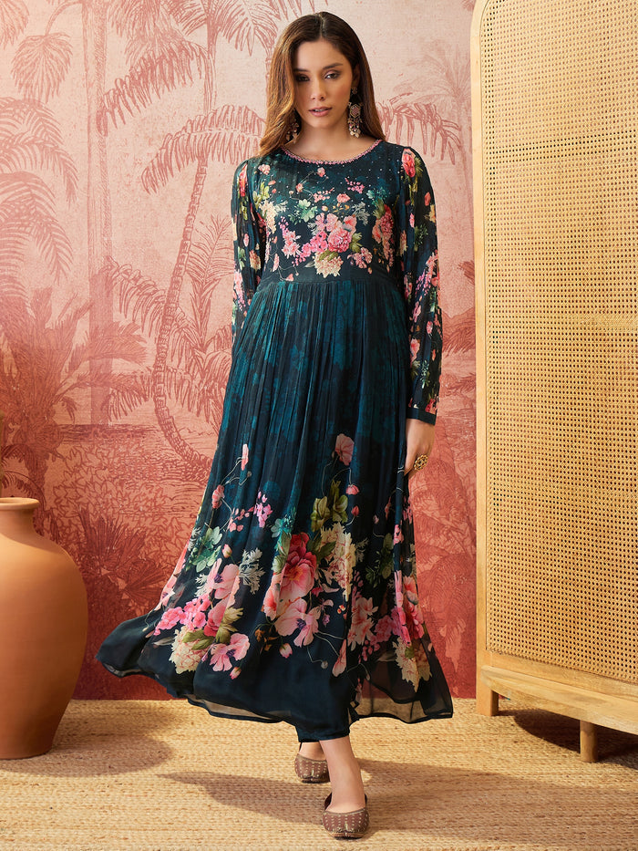 Peacock Teal Floral Crepe Set