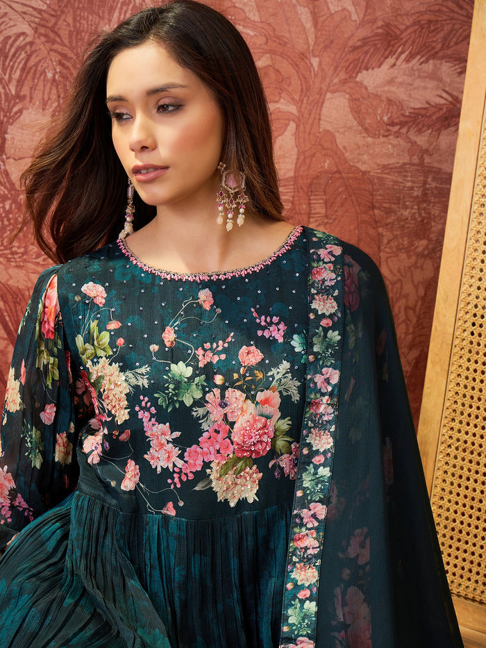 Peacock Teal Floral Crepe Set