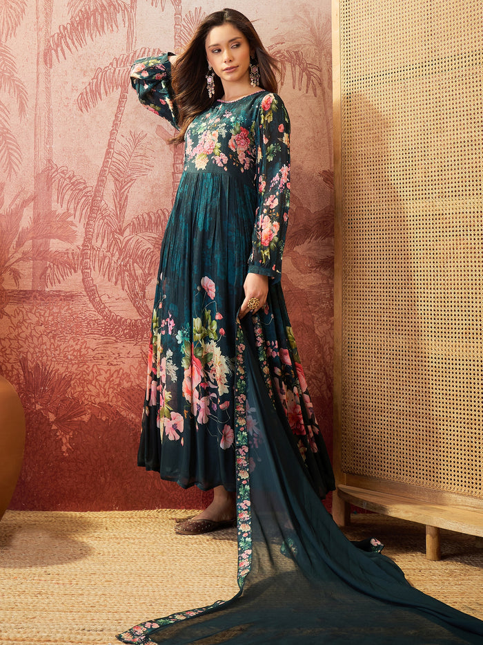 Peacock Teal Floral Crepe Set