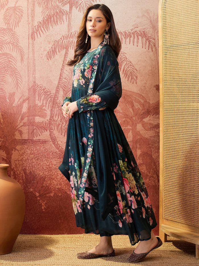 Peacock Teal Floral Crepe Set