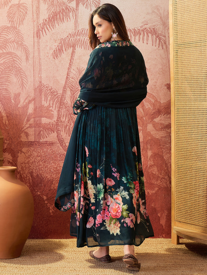 Peacock Teal Floral Crepe Set