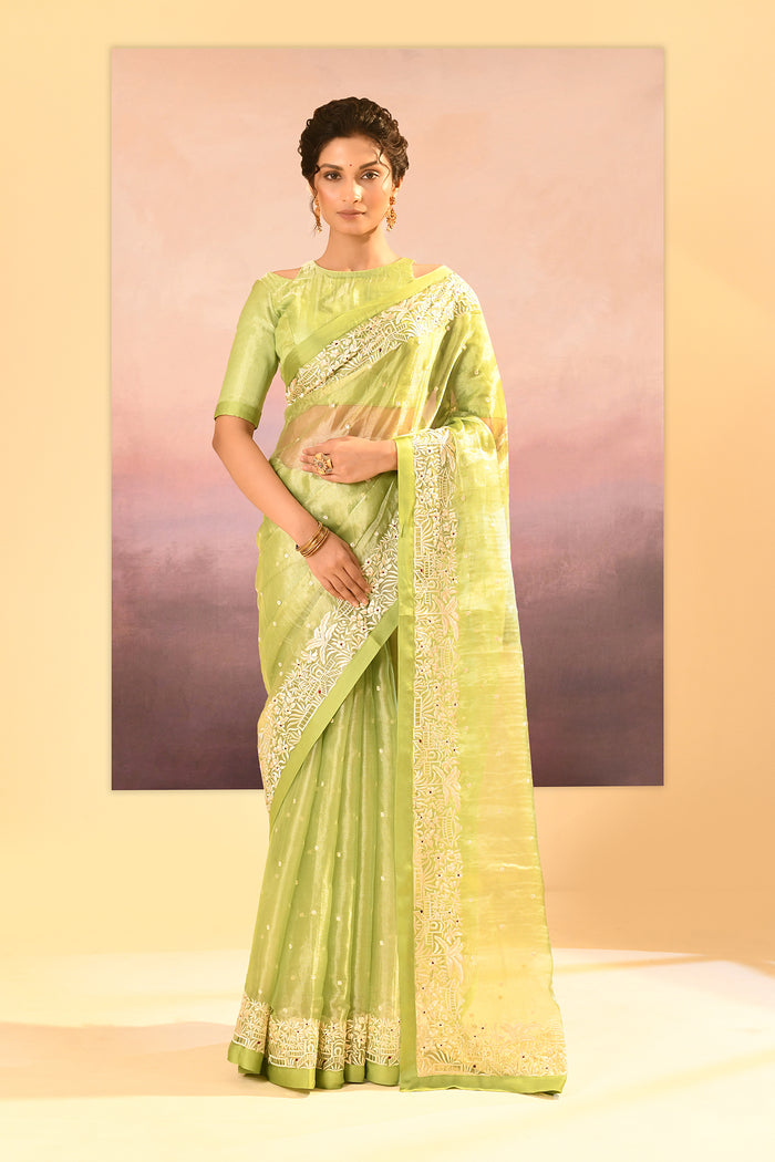 Pear Green Tissue Embroidered Saree