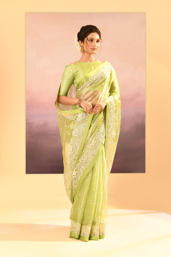 Pear Green Tissue Embroidered Saree