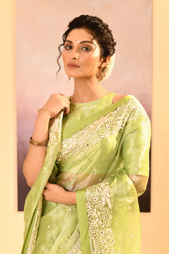 Pear Green Tissue Embroidered Saree