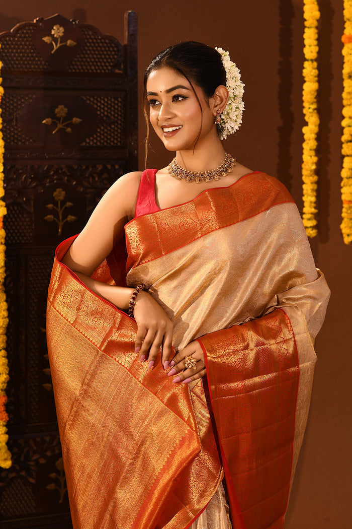 Pearl Ivory Contrast Border Kanjivaram Silk Saree