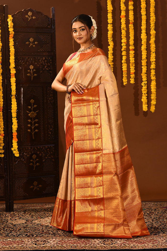 Pearl Ivory Contrast Border Kanjivaram Silk Saree
