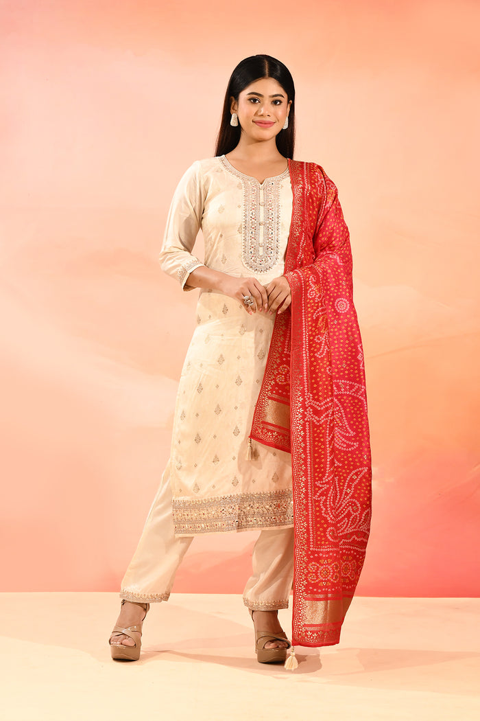 Pearl Ivory Embroidered Silk Blend Straight Cut Suit Set