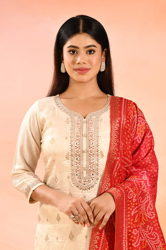 Pearl Ivory Embroidered Silk Blend Straight Cut Suit Set