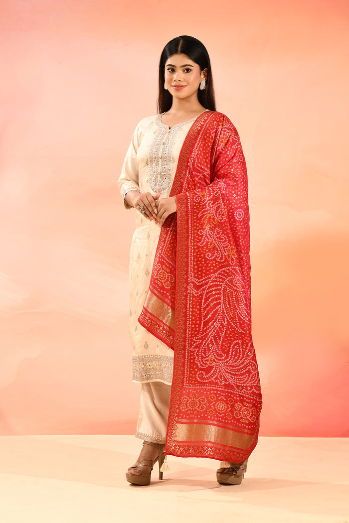 Pearl Ivory Embroidered Silk Blend Straight Cut Suit Set