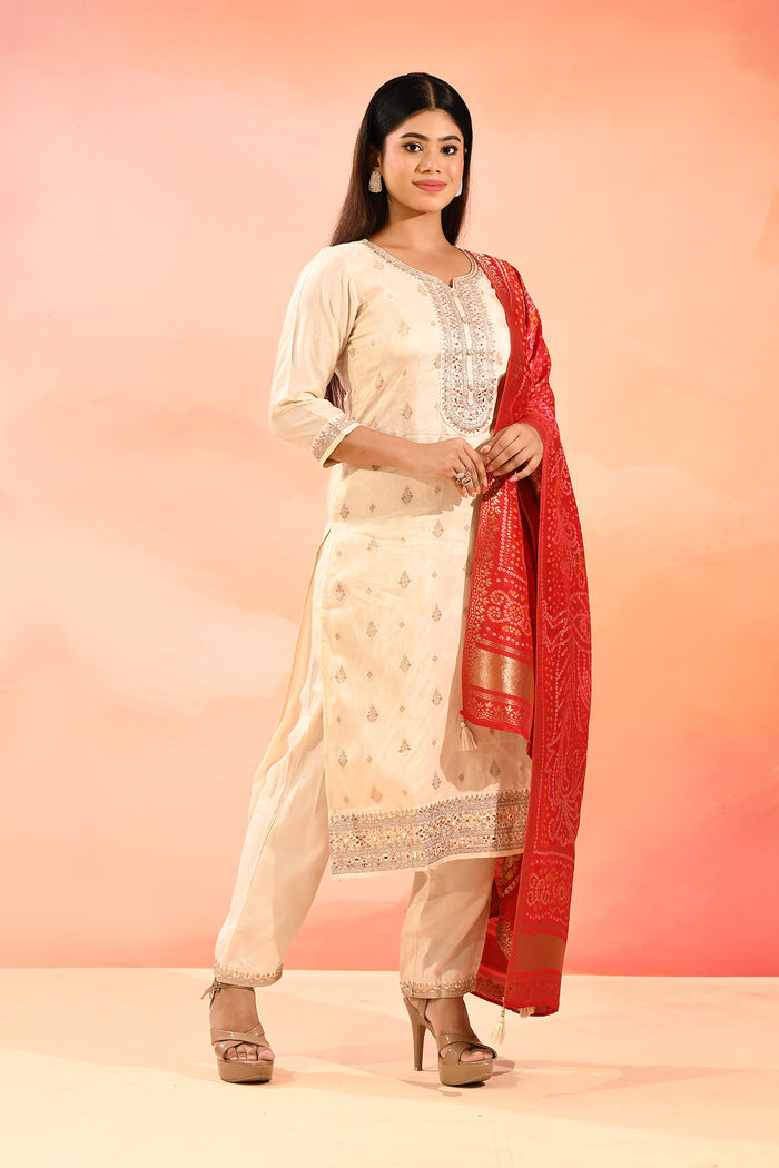 Pearl Ivory Embroidered Silk Blend Straight Cut Suit Set