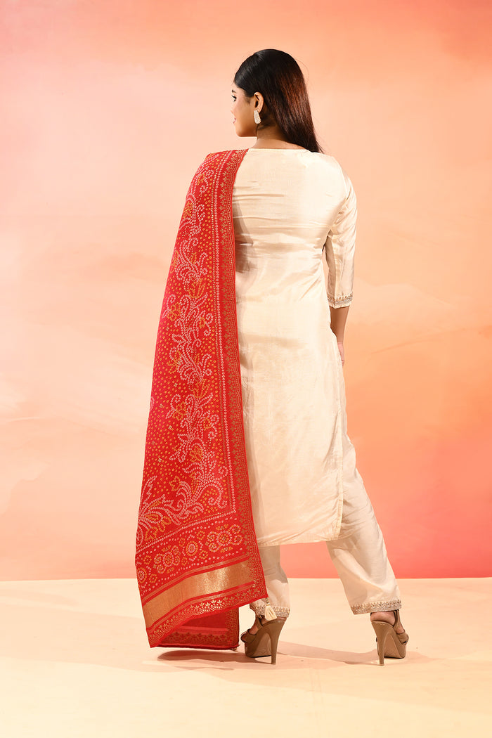 Pearl Ivory Embroidered Silk Blend Straight Cut Suit Set