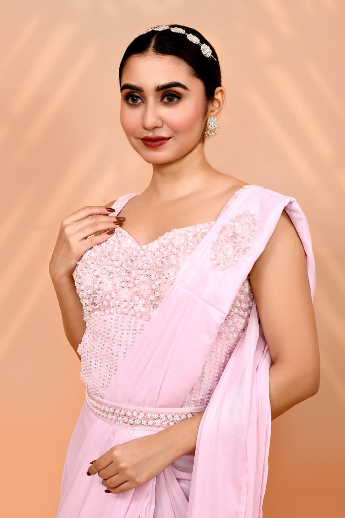 Pearl Pink Tissue Silk Embroidered Draped Saree