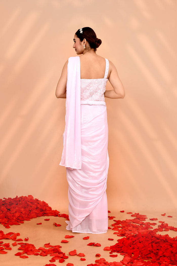 Pearl Pink Tissue Silk Embroidered Draped Saree