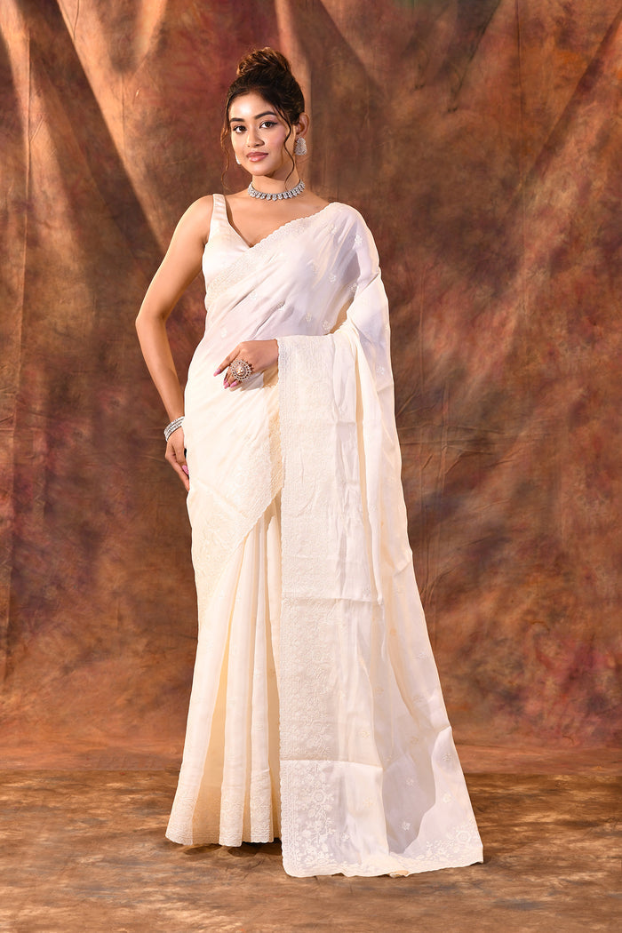 Pearl White Floral Silk Blend Saree