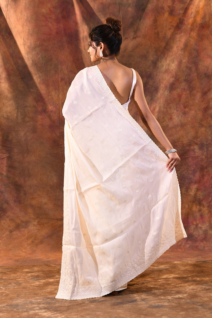 Pearl White Floral Silk Blend Saree