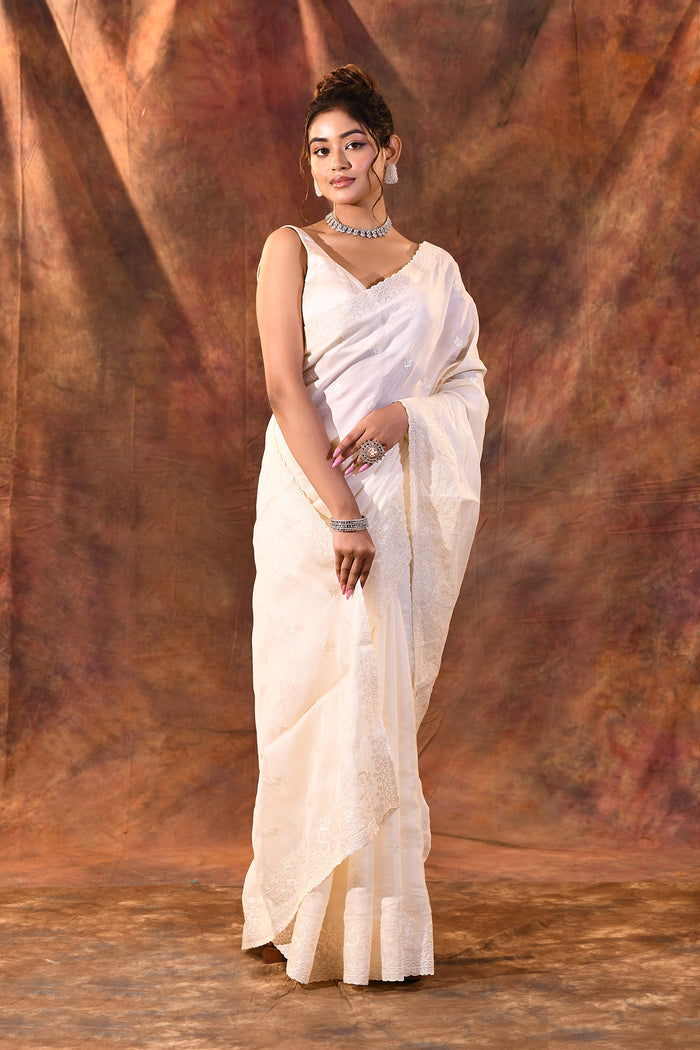 Pearl White Floral Silk Blend Saree