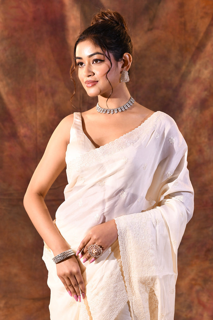 Pearl White Floral Silk Blend Saree