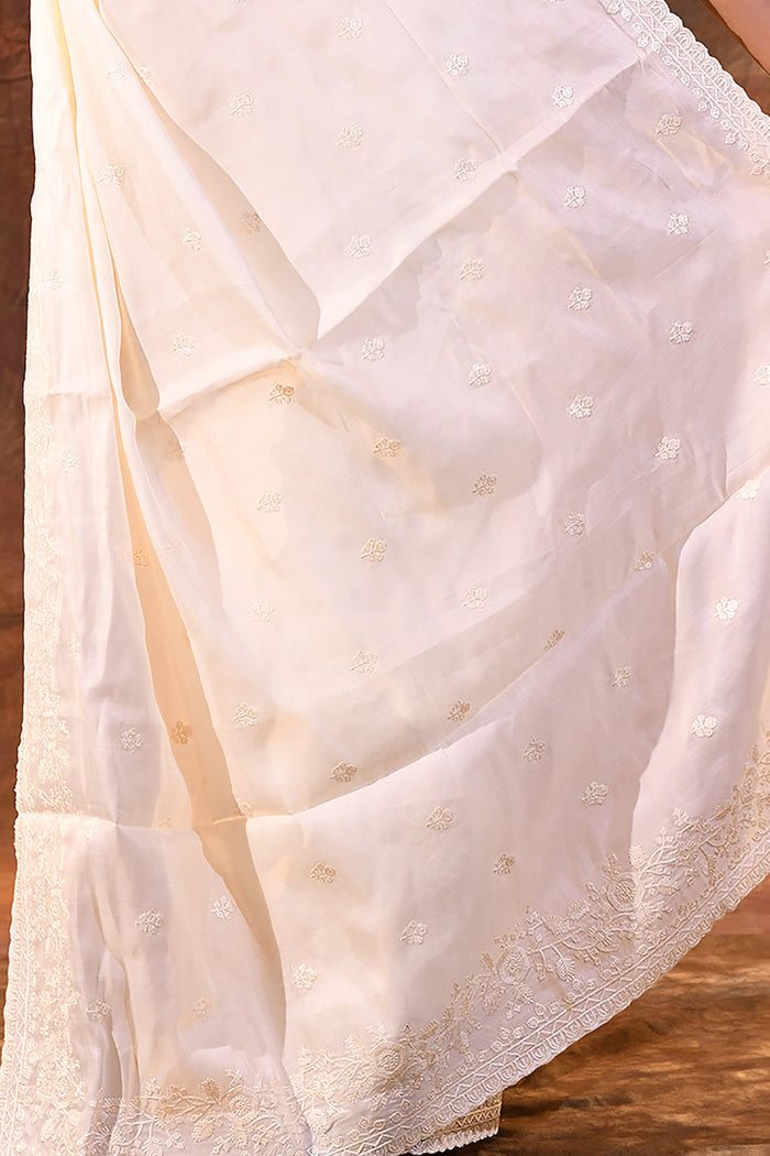 Pearl White Floral Silk Blend Saree
