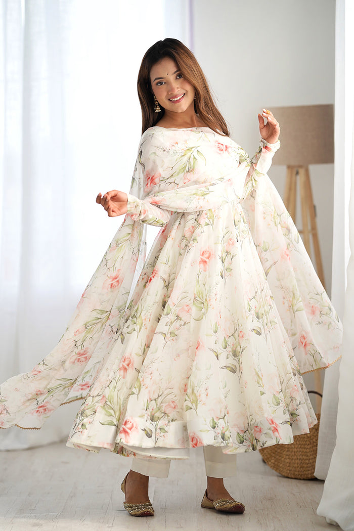 Pearl White Organza Floral Printed Anarkali Set