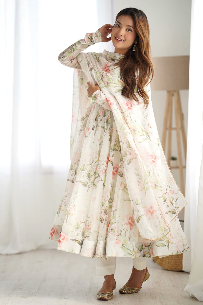 Pearl White Organza Floral Printed Anarkali Set