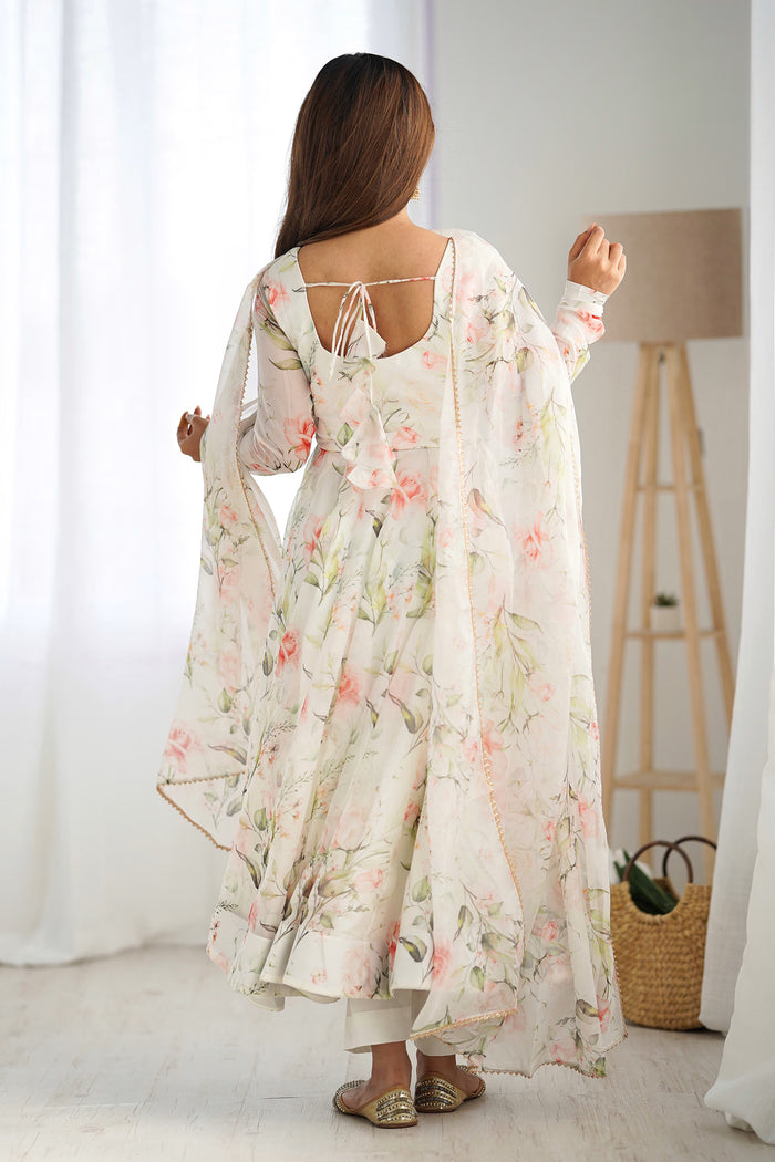 Pearl White Organza Floral Printed Anarkali Set